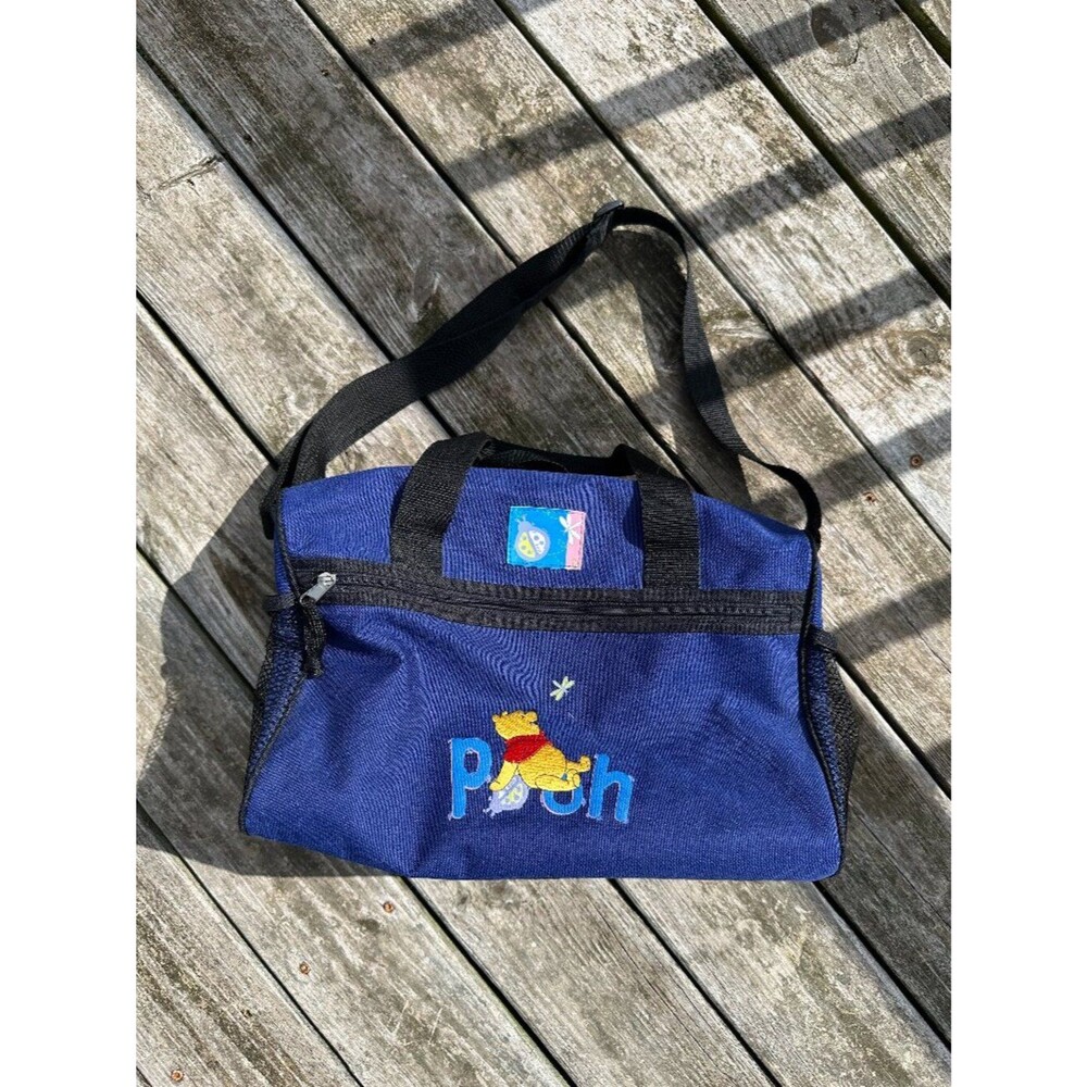 Vintage Winnie the Pooh Duffle Bag Blue Pockets Tote  90's